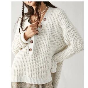 Free People Whistle Thermal Henley Oatmeal Chunky Knit Sweater Size Medium